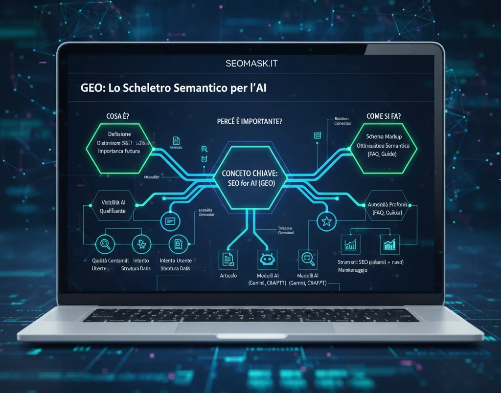 GEO: Lo Scheletro Semantico per l'AI - Rappresentazione visuale di un contenuto ottimizzato per Intelligenza Artificiale su un laptop.