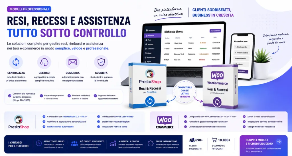 modulo resi e rimborsi  disponibile per PrestaShop e WooCommerce