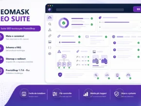 Dashboard SEOMask SEO Suite per PrestaShop con metadati, dati strutturati, sitemap e WebP