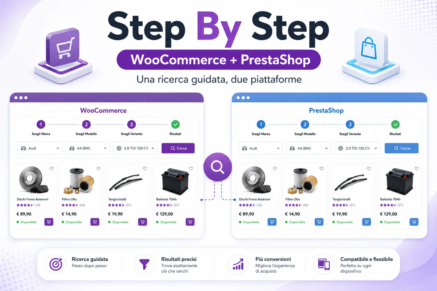 Ricerca ottimizzata per caratteristiche con Step By Step su WooCommerce e PrestaShop