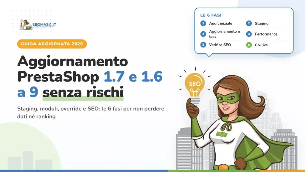 Aggiornamento PrestaShop da 1.7 e 1.6 a 9 senza rischi: le 6 fasi SeoMask dall'audit al go-live