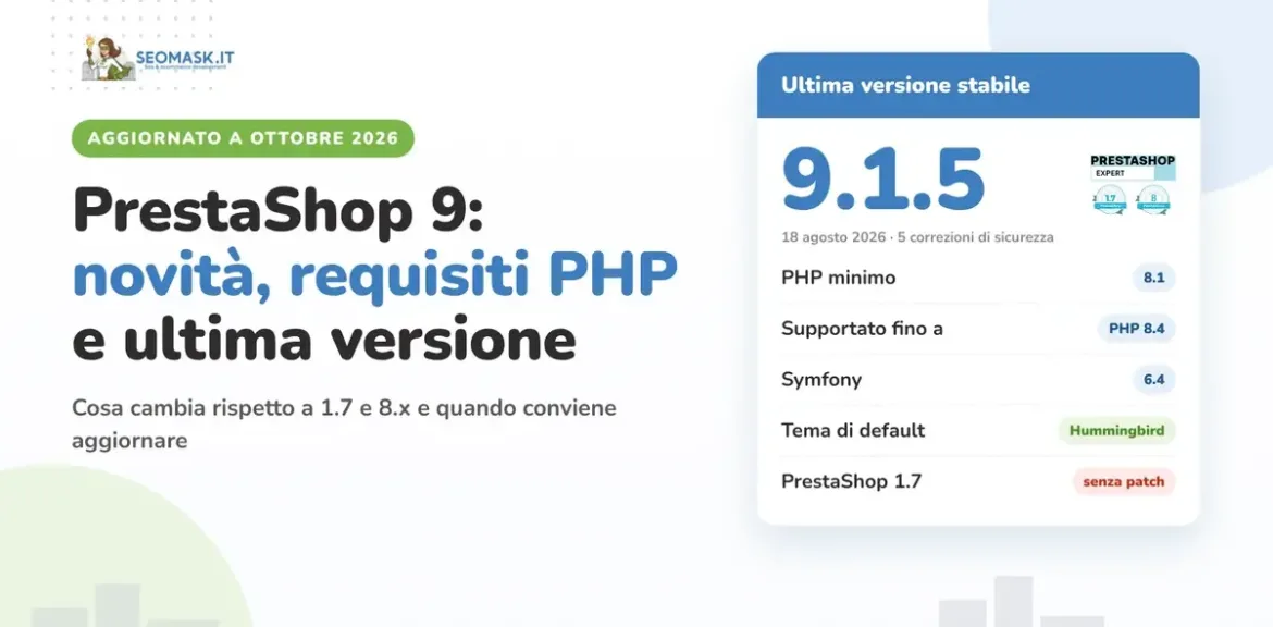 PrestaShop 9: ultima versione 9.1.5, PHP minimo 8.1 fino a 8.4, Symfony 6.4 e tema Hummingbird – riepilogo SeoMask
