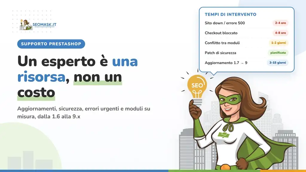 Supporto PrestaShop SeoMask: tempi di intervento per sito down, checkout bloccato, conflitti tra moduli, patch di sicurezza e aggiornamenti